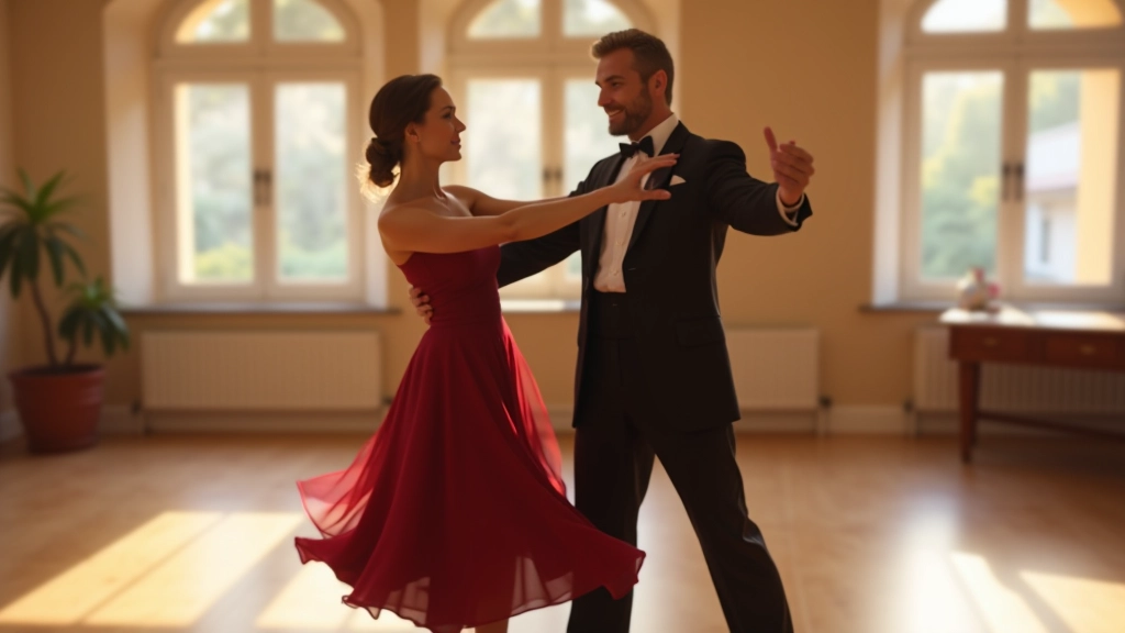 Mature woman and man in elegant dance pose during a ballroom lesson, smiling and focused on their connection