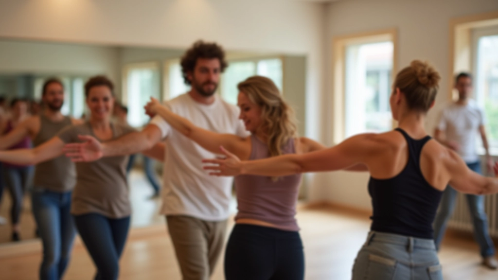 Small group of adult ballroom dance students practicing in bright studio with mirror and barre