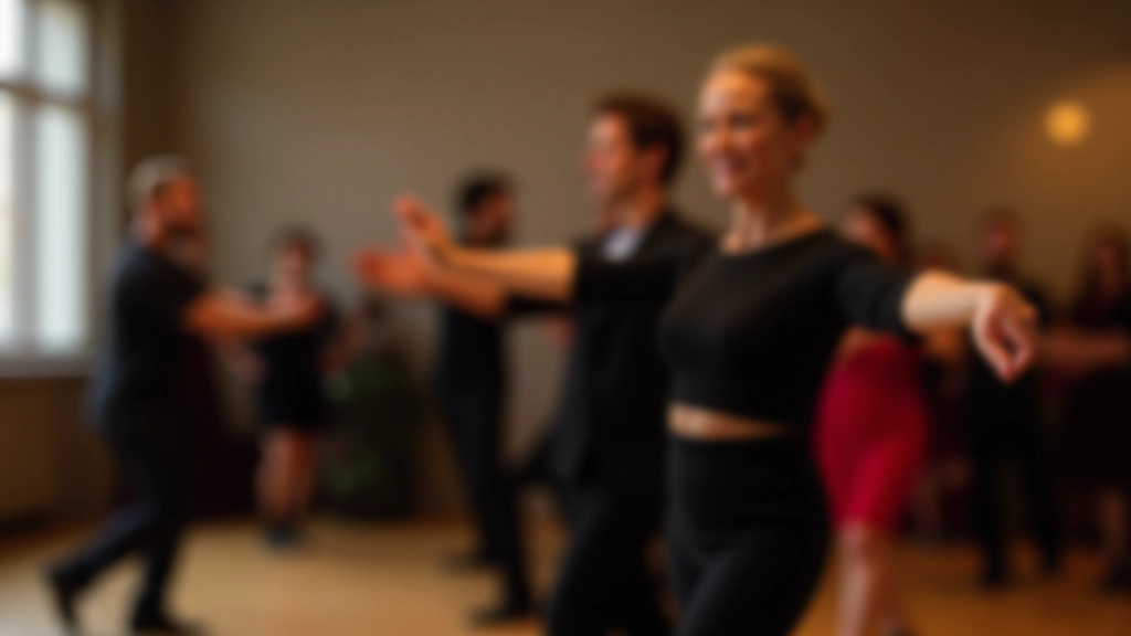 Instructor at the front of a salsa class demonstrating a combination while students follow along in the background