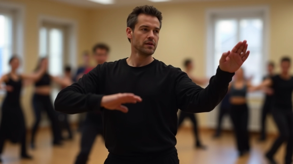 Instructor demonstrating proper posture and arm position during a salsa lesson with students watching