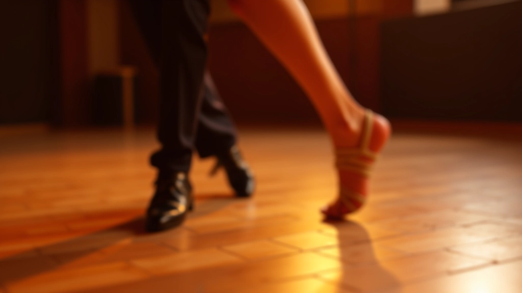 Close-up of dancers' feet showing the basic box step pattern on a wooden dance floor