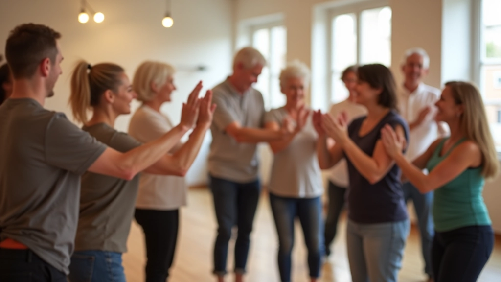 Group of smiling dancers in a studio, clapping hands together after finishing a line dance routine