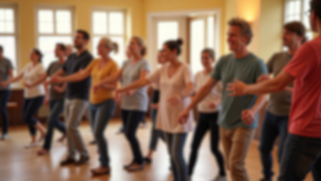 Row of line dancers moving synchronized in casual country-style clothing