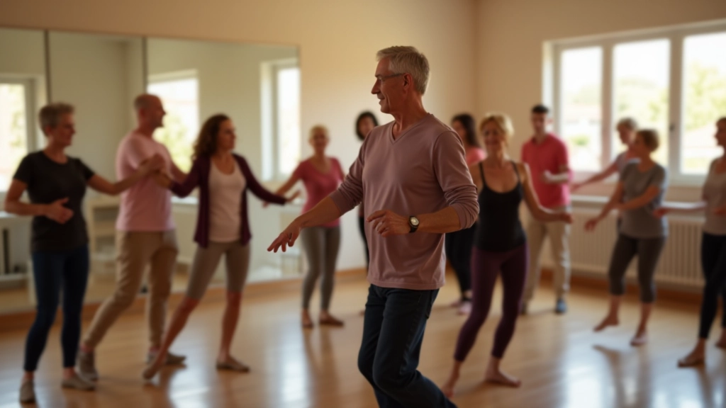 Group of mature adults learning basic ballroom steps in a bright dance studio