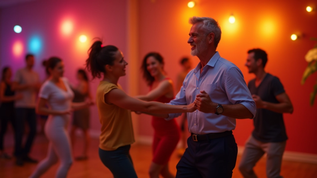 Energetic salsa dance class with couples rotating on a colorful dance floor