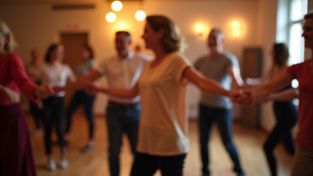 Mature adults enjoying energetic salsa dancing in a vibrant Portuguese dance studio