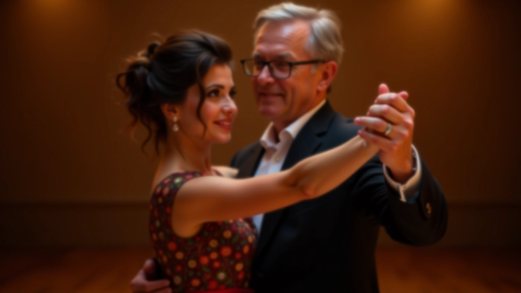 Mature couple in proper salsa frame position, showing correct hand placement and posture during partner dancing