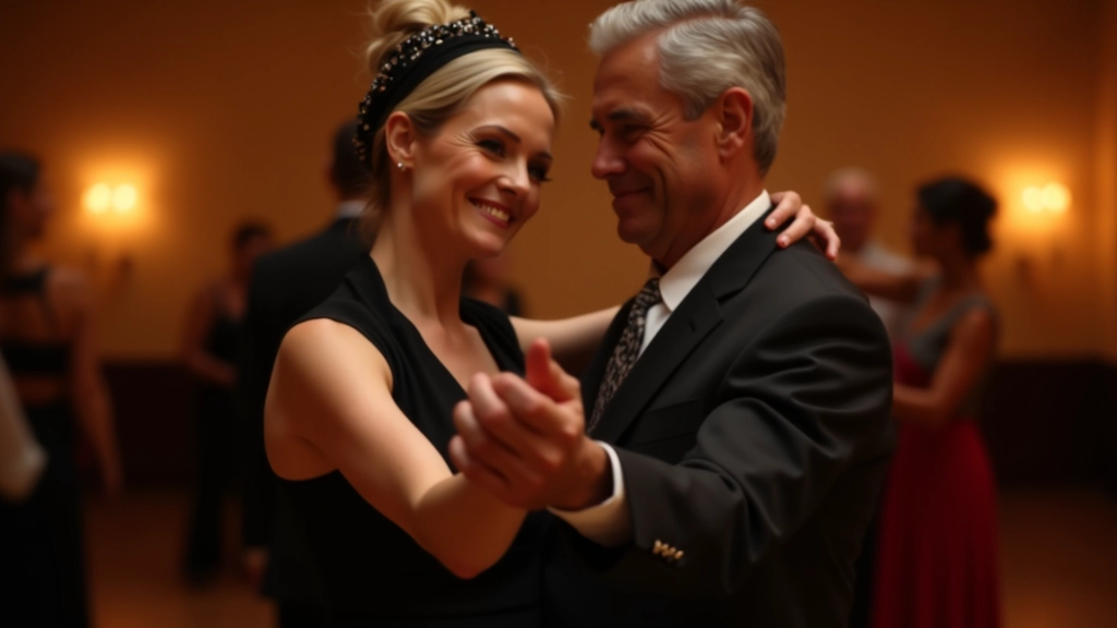 Mature couple performing a confident tango with proper frame and connection in a professional dance setting