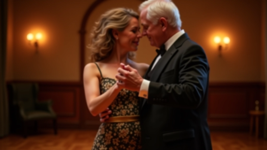 Mature couple demonstrating synchronized movement and responsive partnership in tango