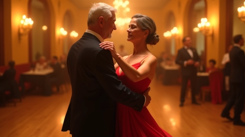 Couple dancing ballroom in an elegant dance hall with warm lighting and wooden floor